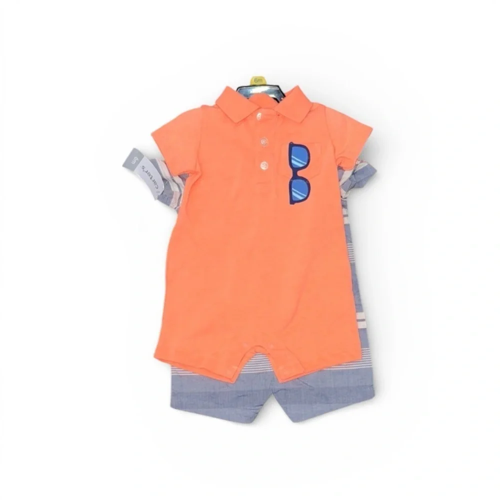 241. Carter's Orange and Blue Baby Romper Set Size 6 Months